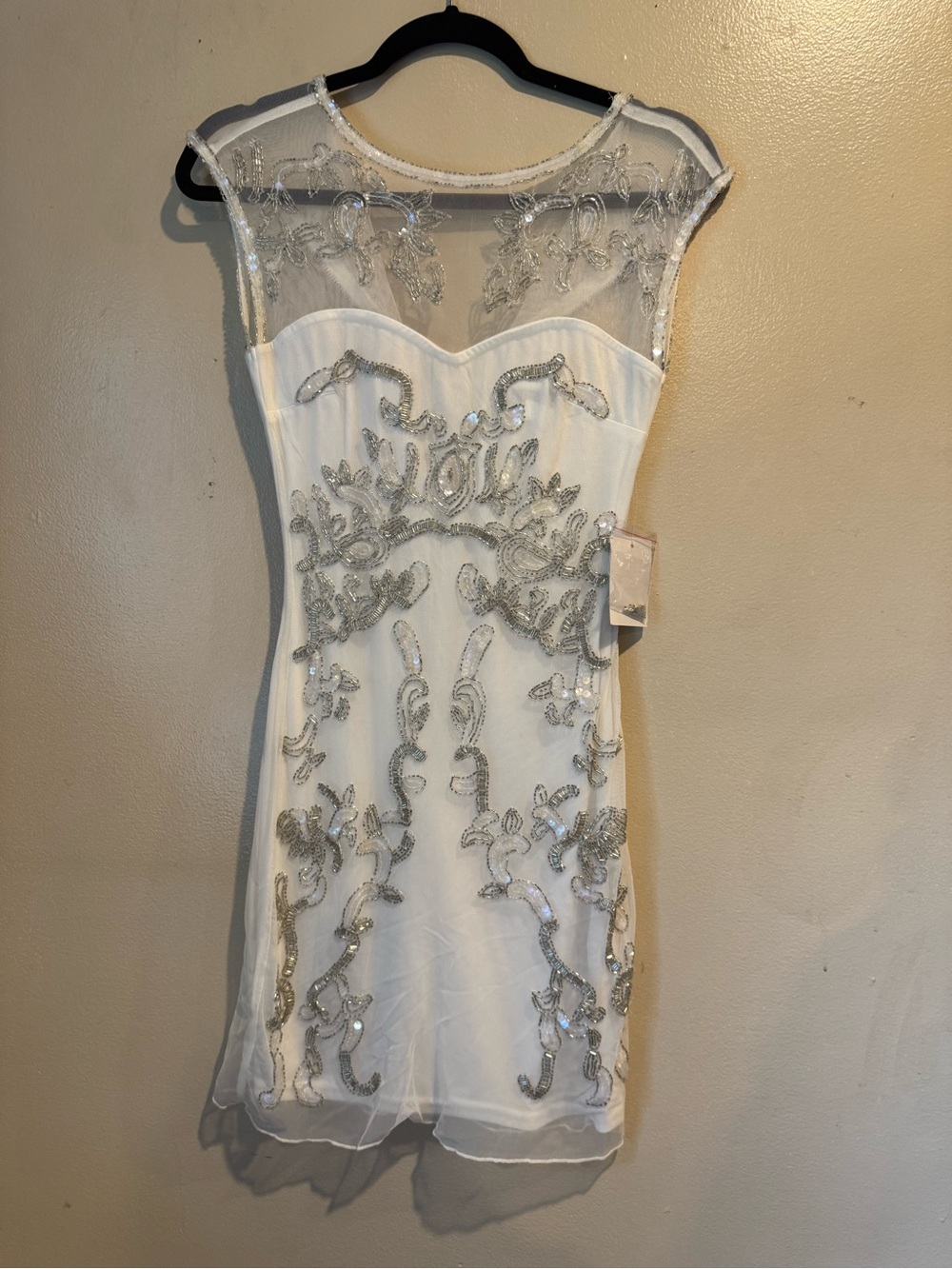 VENUS White Sheer Yoke Mini Dress with Silver Embellishment
